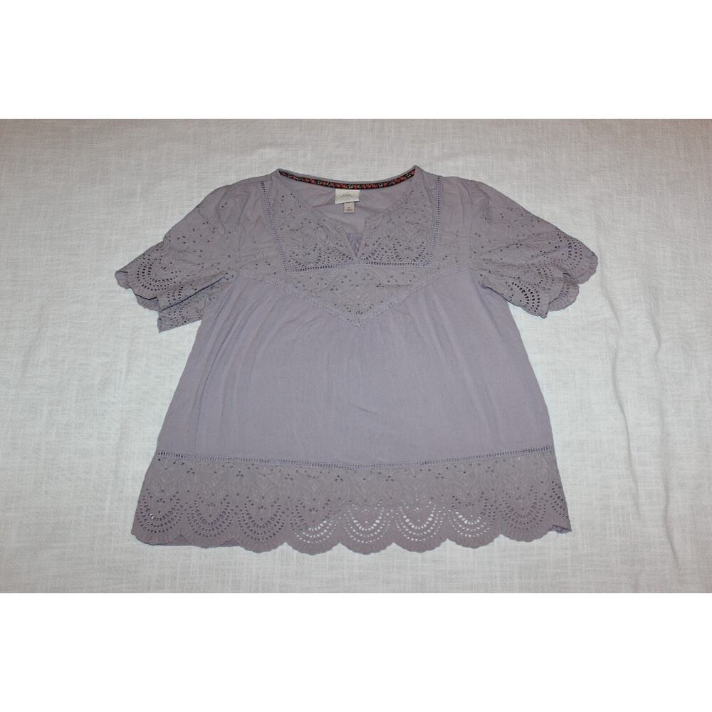 Knox Rose Girl's Shirt Large Short Sleeve V Neck Lavendar Purple Floral Crochet